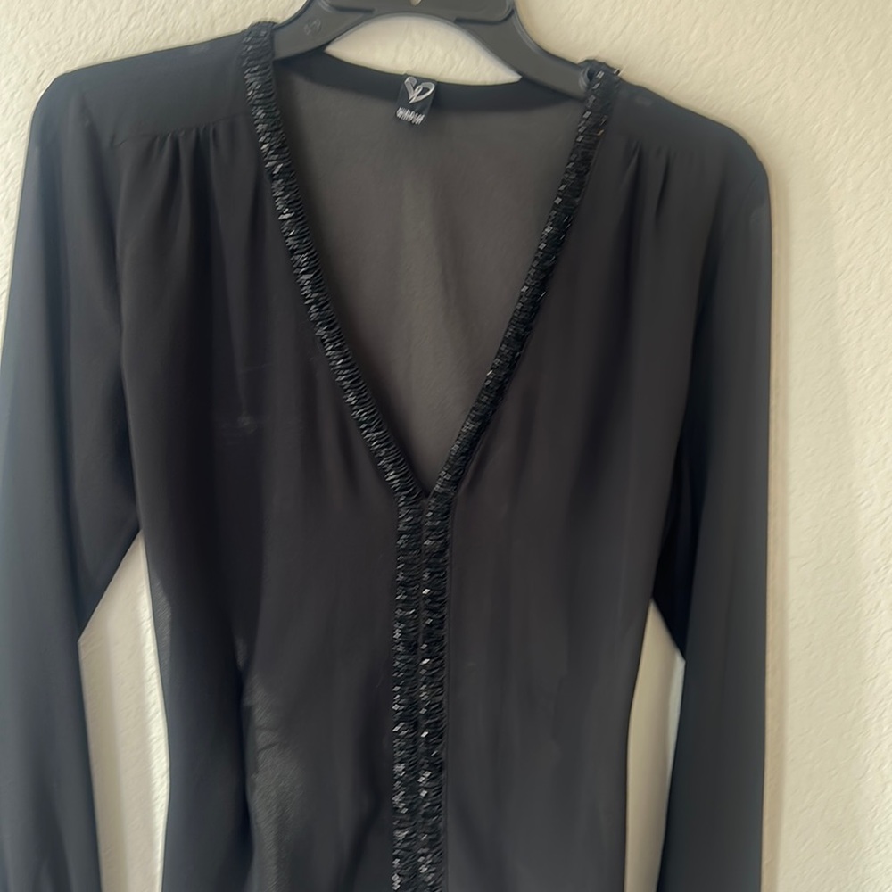 Black Semi Sheer Vee Neck Blouse With Jewels by Windsor